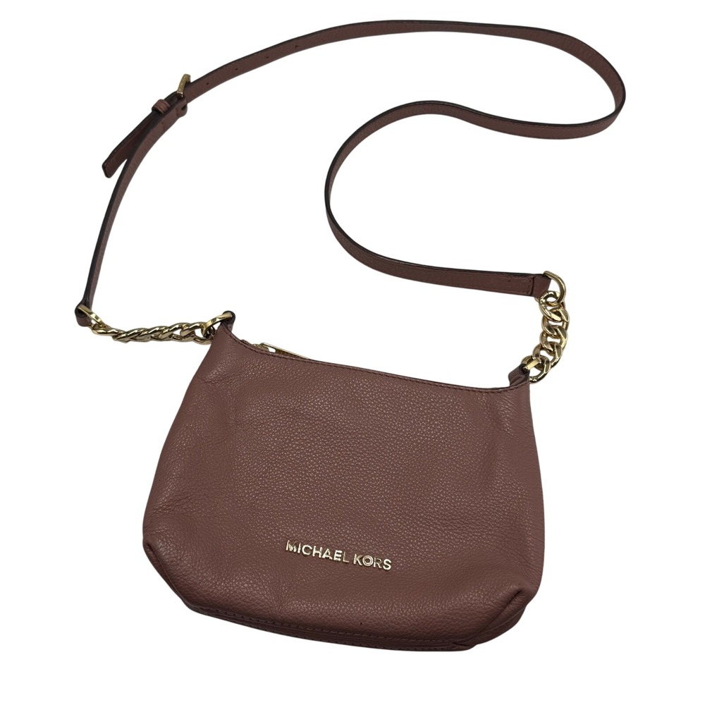 Michael Kors Leather Crossbody Bag Chain Strap Mauve Pink Gold Designer Purse
